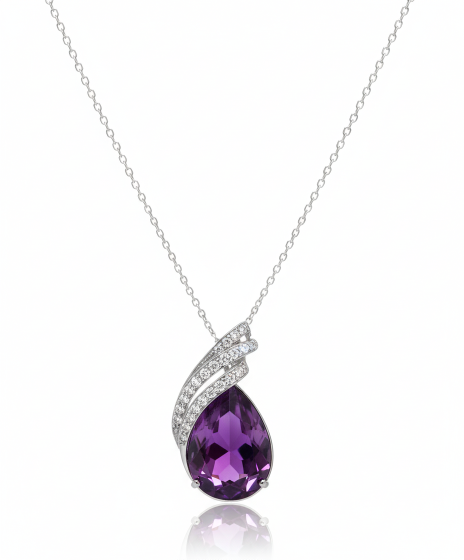 Purplish Black teardrop pendant with silver chain on a white background